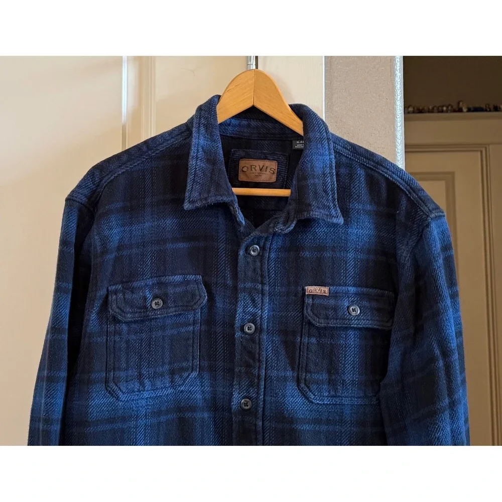 Orvis Mens XL Blue Black Plaid Flannel Shirt Jacket Heavyweight Cotton Shacket
